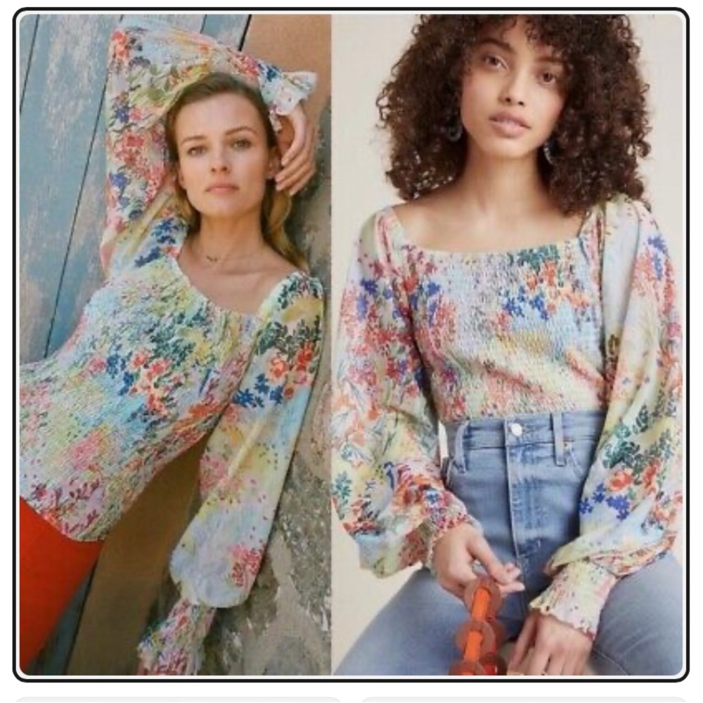 Anthropologie Smocked Floral Rouen Smocked Puff Sleeve Blouse